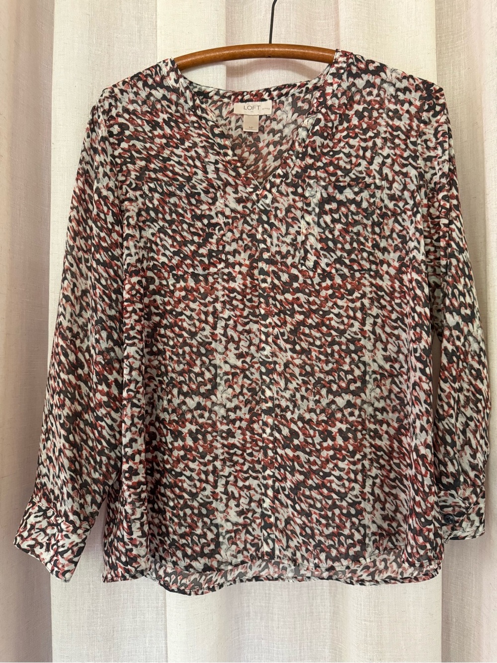 LOFT Sheer Blouse Red White Black Pattern Size Medium Petite
